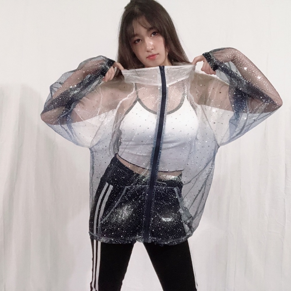 Ombré Drawstring Zipper Mesh Star Sparkle Jacket